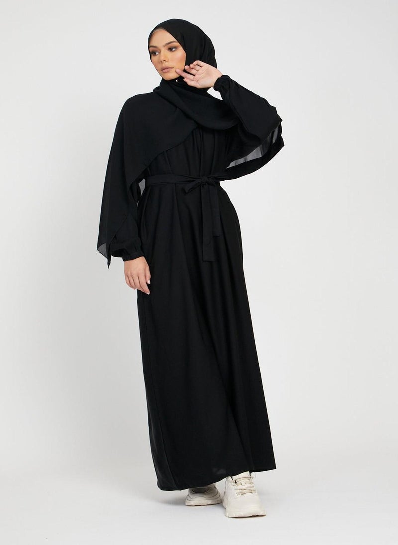 NUKHBAA - Elegant Black plain abaya wityh belt and Hijab-AB82 - Image 1