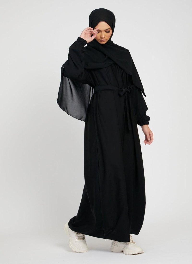 NUKHBAA - Elegant Black plain abaya wityh belt and Hijab-AB82 - Image 1