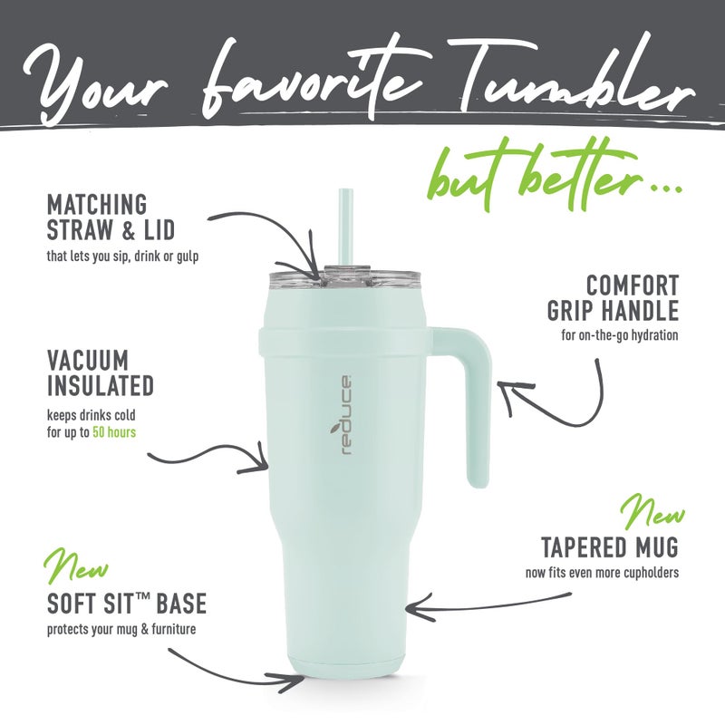 Reduce 50 oz Stainless Steel Tumbler with Handle - Dual-Wall Vacuum Insulated Travel Mug  Sweat-Proof Lid & Reusable Straw - Keeps Drinks Cold for 24 Hrs  Fits Cupholders  Dishwasher Safe - Crisp Mint - Image 4