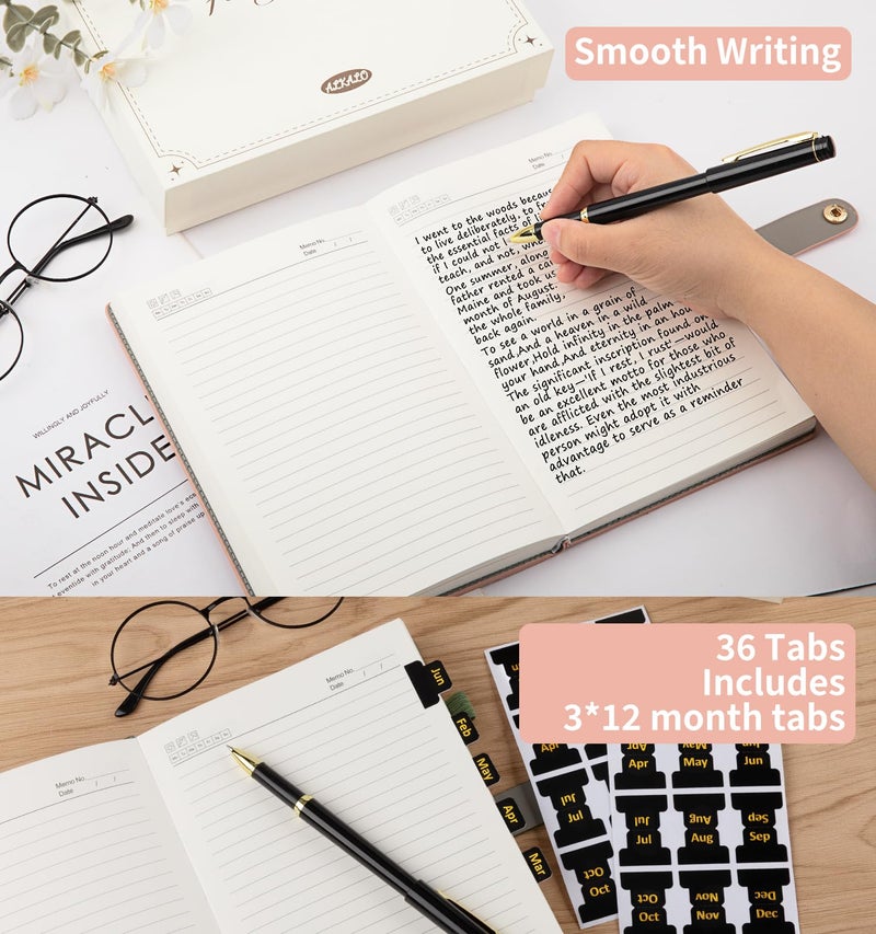ALKALO A5 Lined Leather Journal Notebook, Hardcover Journal Set with Pen, Monthly Index Tabs and Gift Box, 320 Pages 100GSM Thick Paper, Thick Daily Diary, Journal for Women, Men, School, Travel, Work(Pink) - Image 5