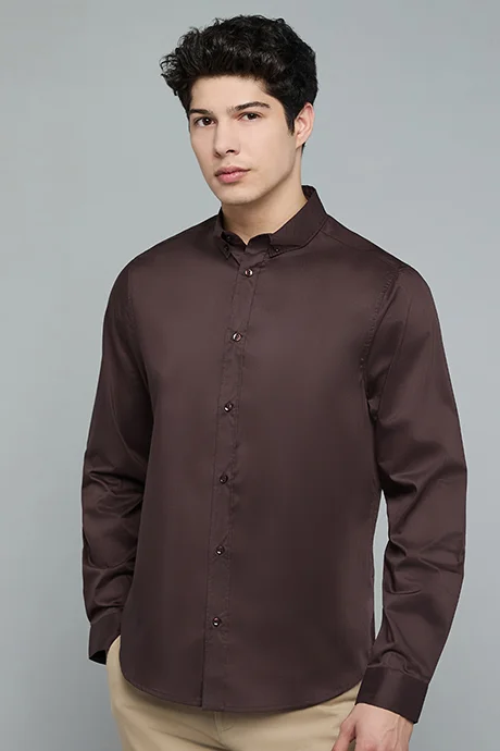 أر أند بي Solid Shirt with Button-Down Collar and Long Sleeves