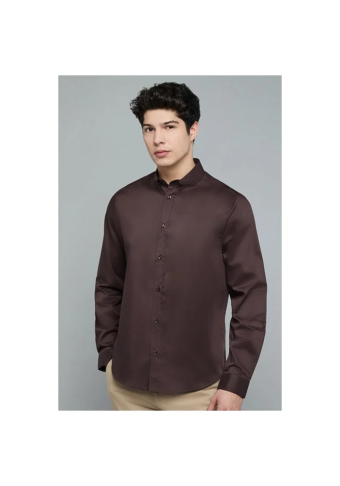 أر أند بي Solid Shirt with Button-Down Collar and Long Sleeves