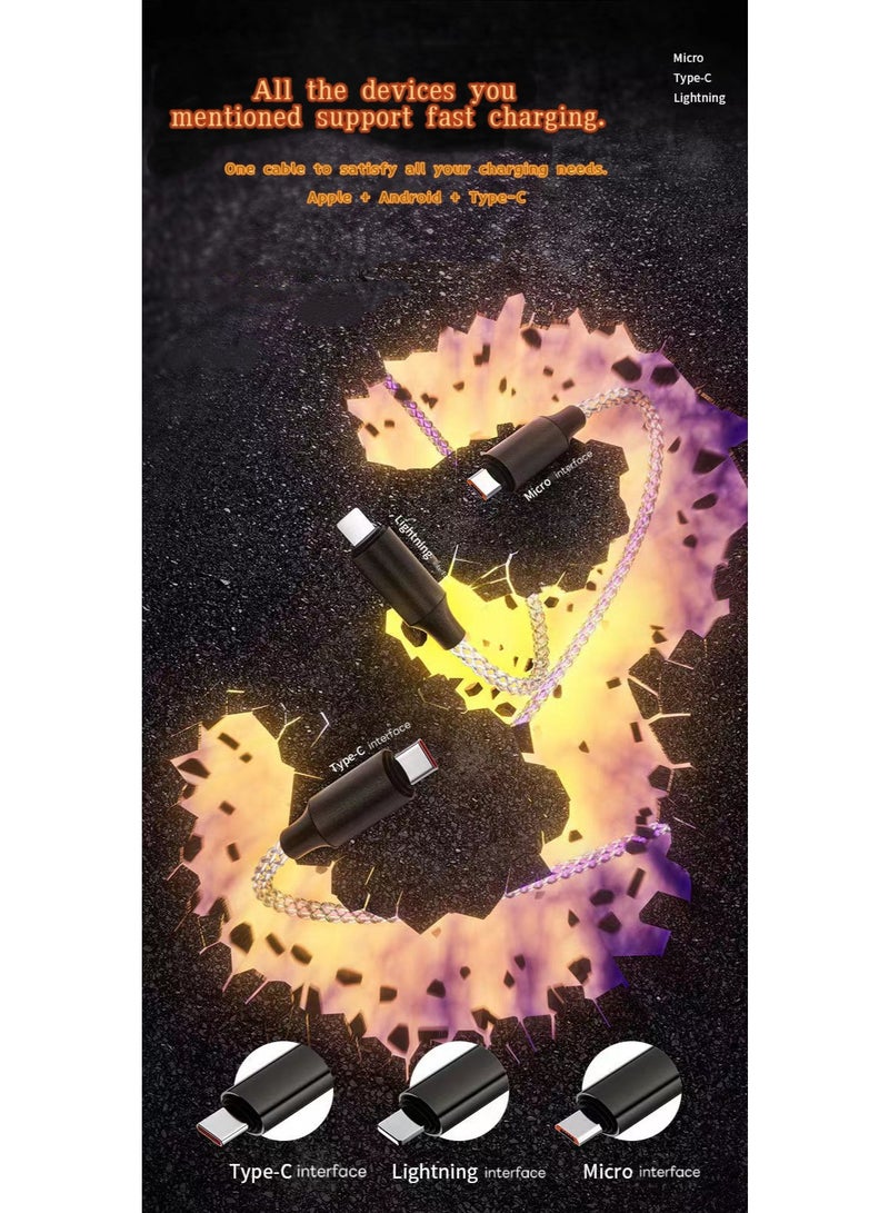 كابل بيانات 3 في 1، كابل شحن سريع للهواتف المحمولة، شحن سيارة عالمي متعدد الرؤوس ومتعدد الوظائف، كابل شحن فائق السرعة 6 أمبير مع ألوان متدرجة RGB، كابل بيانات متعدد الرؤوس ملون 66 وات، متوافق مع Apple وHuawei، اتصال بيانات من 1 إلى 3. - Image 5