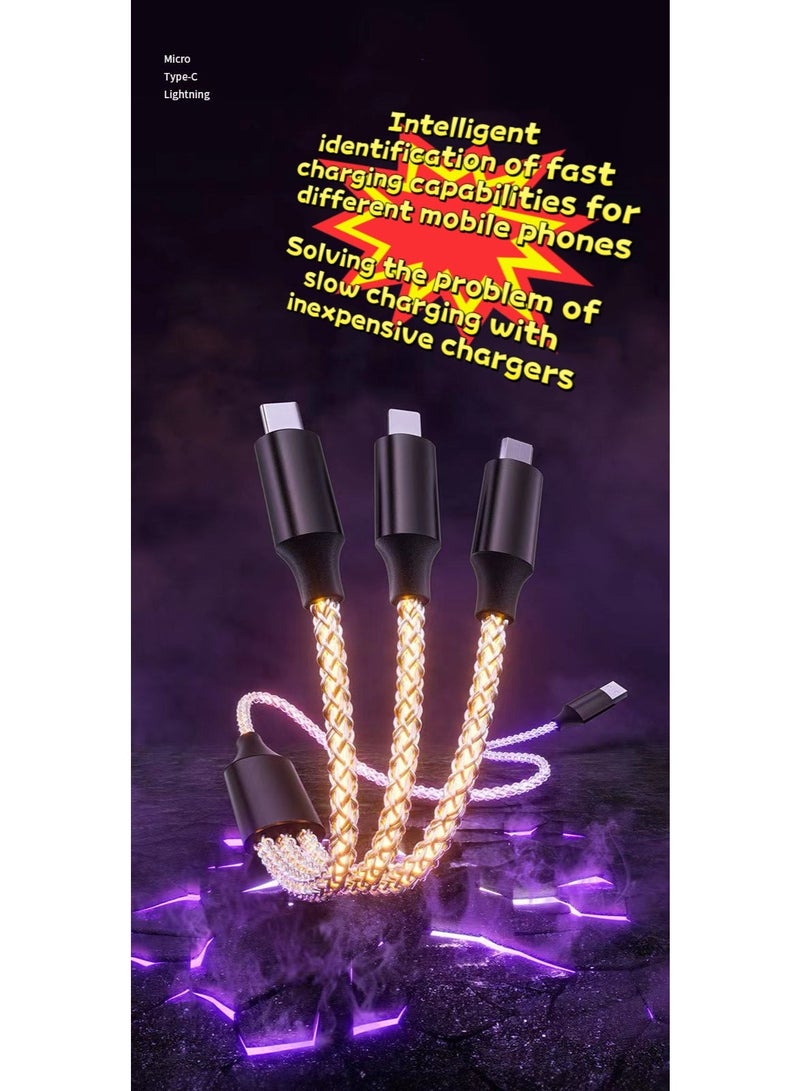 كابل بيانات 3 في 1، كابل شحن سريع للهواتف المحمولة، شحن سيارة عالمي متعدد الرؤوس ومتعدد الوظائف، كابل شحن فائق السرعة 6 أمبير مع ألوان متدرجة RGB، كابل بيانات متعدد الرؤوس ملون 66 وات، متوافق مع Apple وHuawei، اتصال بيانات من 1 إلى 3. - Image 4