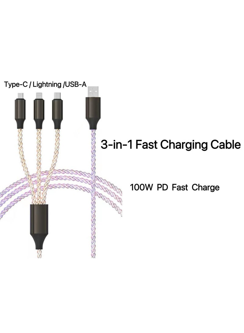 كابل شحن سريع 3 في 1 بقدرة 100 واط بتقنية PD | من USB-A و Type-C إلى Type-C / Lightning | إضاءة LED ملونة | 1.2 متر - Image 2