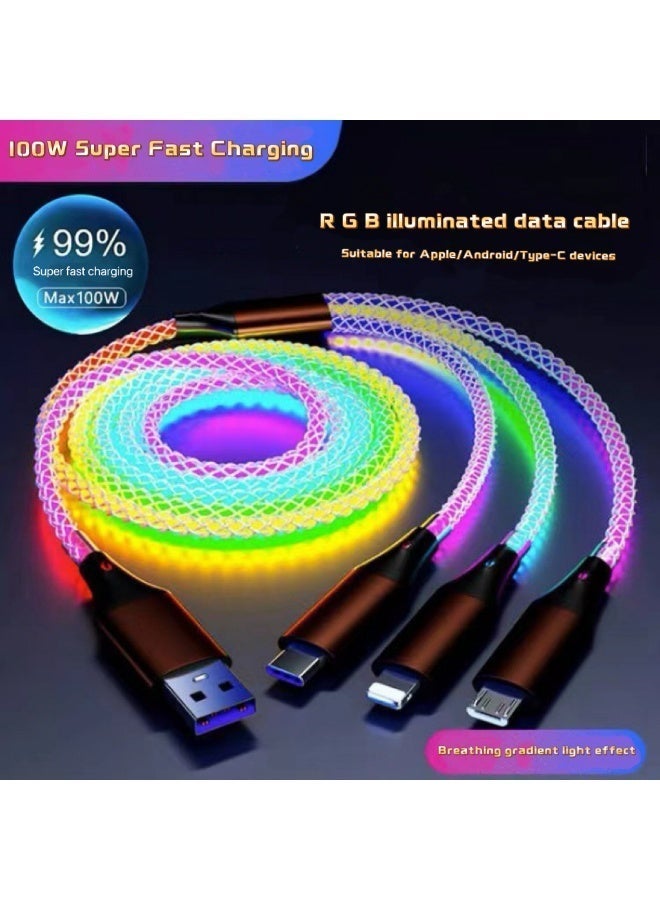 كابل شحن سريع 3 في 1 بقدرة 100 واط بتقنية PD | من USB-A و Type-C إلى Type-C / Lightning | إضاءة LED ملونة | 1.2 متر - Image 3