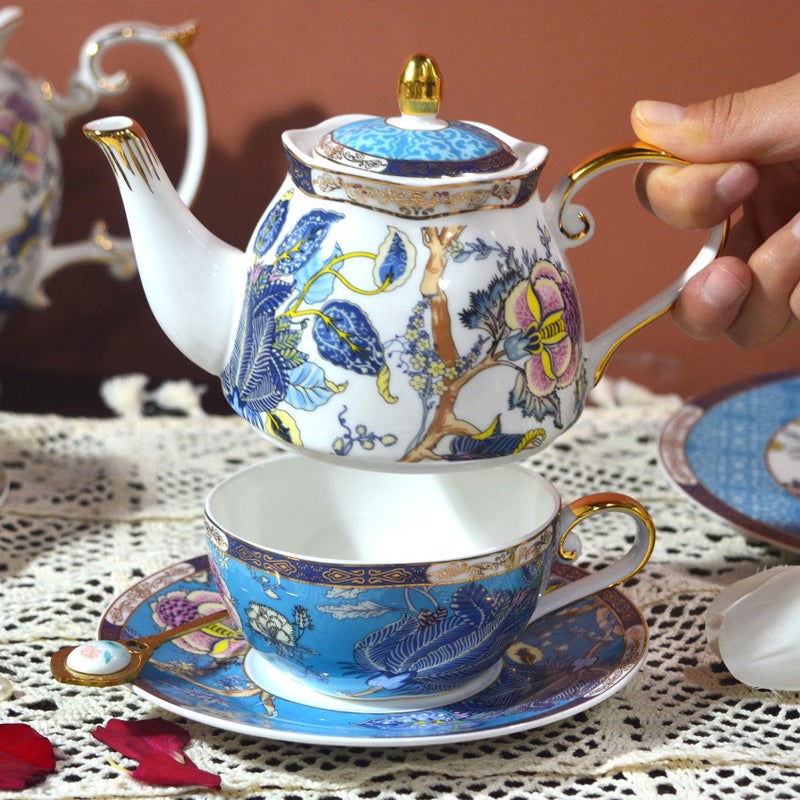 ACMLIFE Tea for One Teapot and Cup, Vintage Floral Porcelain Tea Set for One, Bone China Teapot with Cup Set, Tea Pot Gift for Women (Blue-A) - Image 2