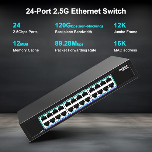 NICGIGA 24 Port 2.5Gb Ethernet Switch Unmanaged, NICGIGA 24 Port 2.5G Network Switch, Plug & Play, Desktop or 19-inch Rack Mount, Fanless Metal Design. - Image 2