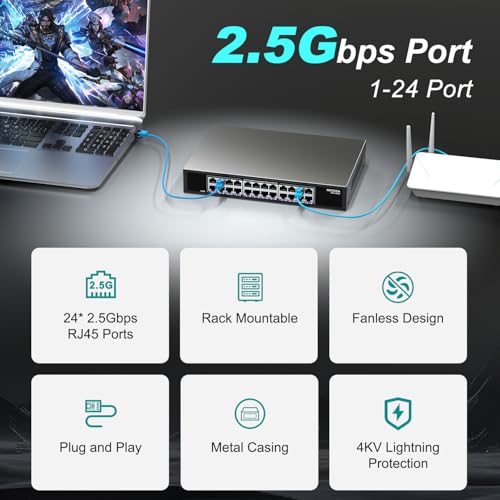 NICGIGA 24 Port 2.5Gb Ethernet Switch Unmanaged, NICGIGA 24 Port 2.5G Network Switch, Plug & Play, Desktop or 19-inch Rack Mount, Fanless Metal Design. - Image 3
