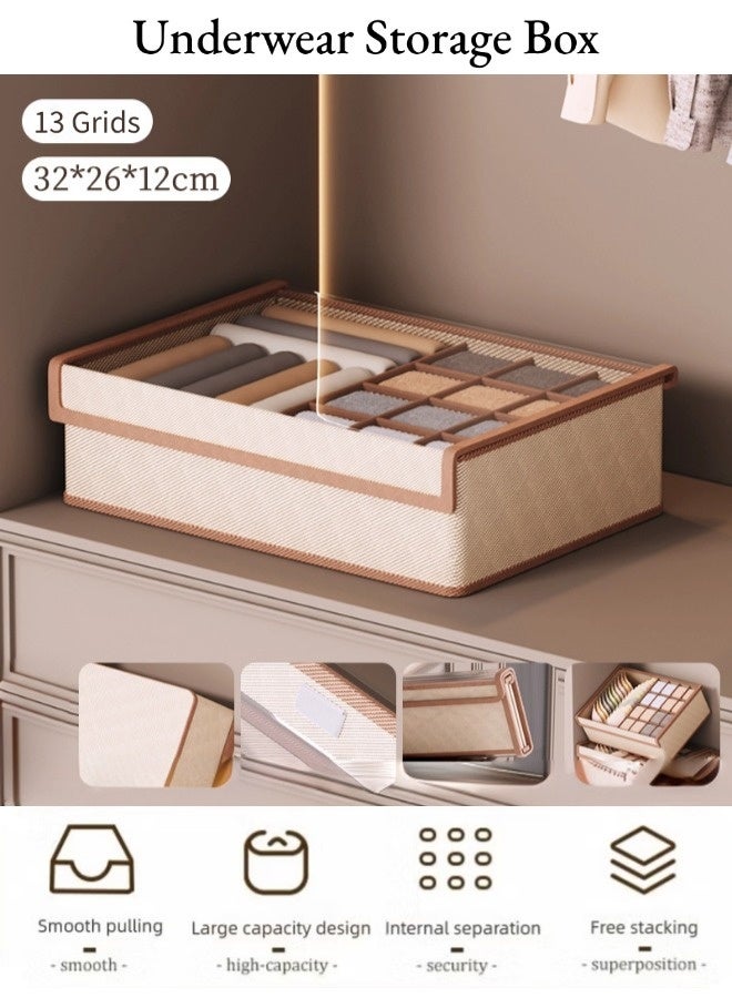 Underwear Storage Box, Dustproof & Moisture-Resistant Closet Storage Box, Foldable Wardrobe Organizer with Handles, Cotton And Linen Material Storage Bins, Washable Compartment  Drawer Organizers (Yellow, 13 Grids) - Image 1