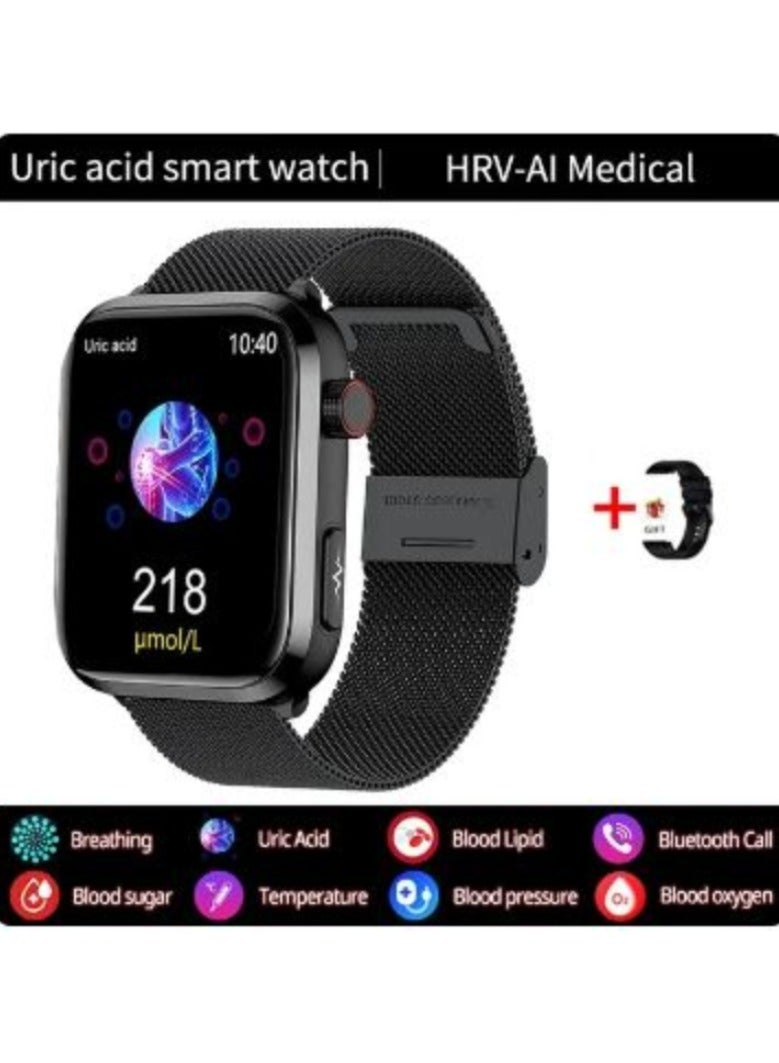 AROAQ New Blood Lipids Uric Acid Blood Glucose Smart Watch Men ECG+PPG Fitness Tracker Clock Heart Rate Bluetooth call Smartwatch(MeshBelt With 1 Extra Strap) - Image 1