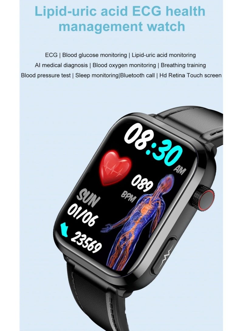 AROAQ New Blood Lipids Uric Acid Blood Glucose Smart Watch Men ECG+PPG Fitness Tracker Clock Heart Rate Bluetooth call Smartwatch(MeshBelt With 1 Extra Strap) - Image 2