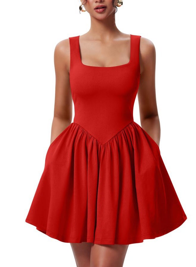 YMDUCH Women's Summer Sleeveless Square Neck A-line Ruffle Hem Mini Tank Dress with Pockets, Red, S - Image 1