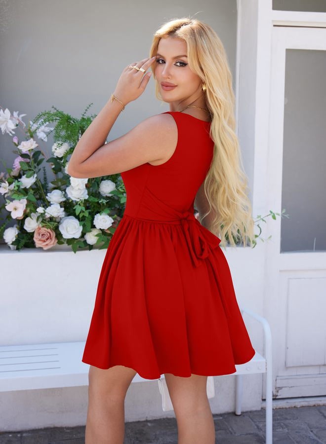 YMDUCH Women's Summer Sleeveless Square Neck A-line Ruffle Hem Mini Tank Dress with Pockets, Red, S - Image 2