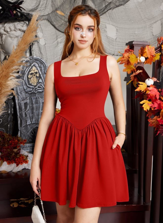 YMDUCH Women's Summer Sleeveless Square Neck A-line Ruffle Hem Mini Tank Dress with Pockets, Red, S - Image 3