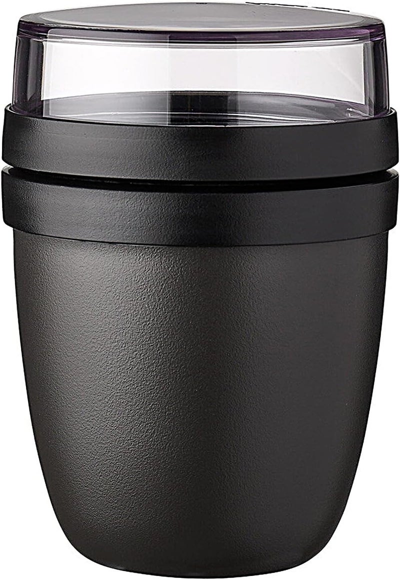 ميبال – وعاء غداء بشكل بيضاوي ميني ( Lunchpot Ellipse Mini) – كوب للزبادي وكوب للموسلي عمليان، مع أقسام منفصلة لكل من الزبادي والموسلي؛ مناسب للاستخدام في الفريزر والميكروويف والغسالة الأوتوماتيكية – سعة 300 مل + 120 مل – لون أسود نوردي (Nordic Black). - Image 1