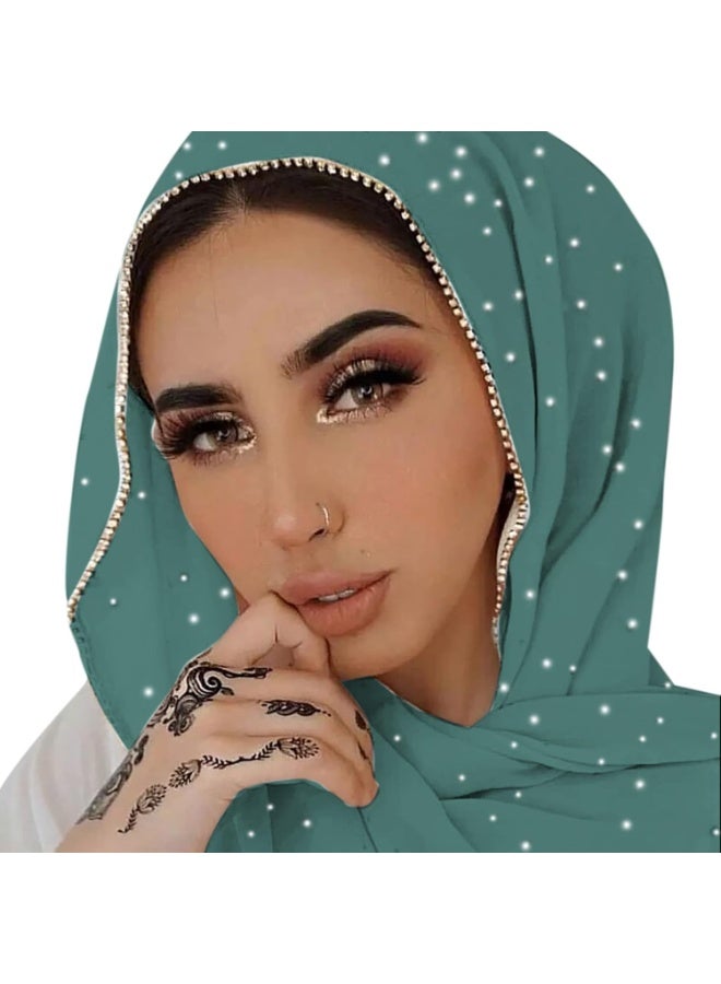 2Pcs Sage Green Rhinestone Pearl Chiffon Hijab Scarf 180x70cm, Sparkling Gold Beaded Trim Muslim Women Head Wrap for Worship Party Daily Wear - Image 1