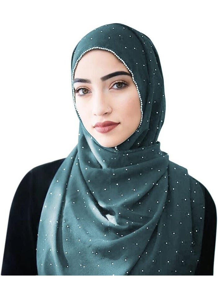 2Pcs Sage Green Rhinestone Pearl Chiffon Hijab Scarf 180x70cm, Sparkling Gold Beaded Trim Muslim Women Head Wrap for Worship Party Daily Wear - Image 2