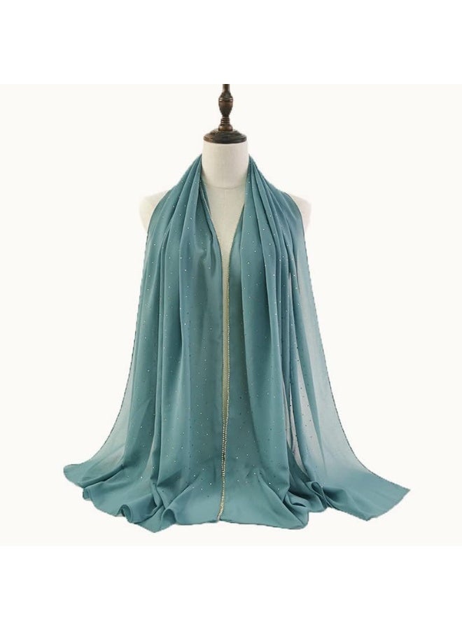 2Pcs Sage Green Rhinestone Pearl Chiffon Hijab Scarf 180x70cm, Sparkling Gold Beaded Trim Muslim Women Head Wrap for Worship Party Daily Wear - Image 3