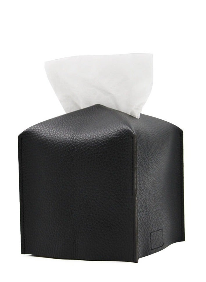 Square Tissue Box Holder with Bottom Strip - PU Leather Decorative Storage Box for Desktop, Bathroom, Car, Office | Black 
