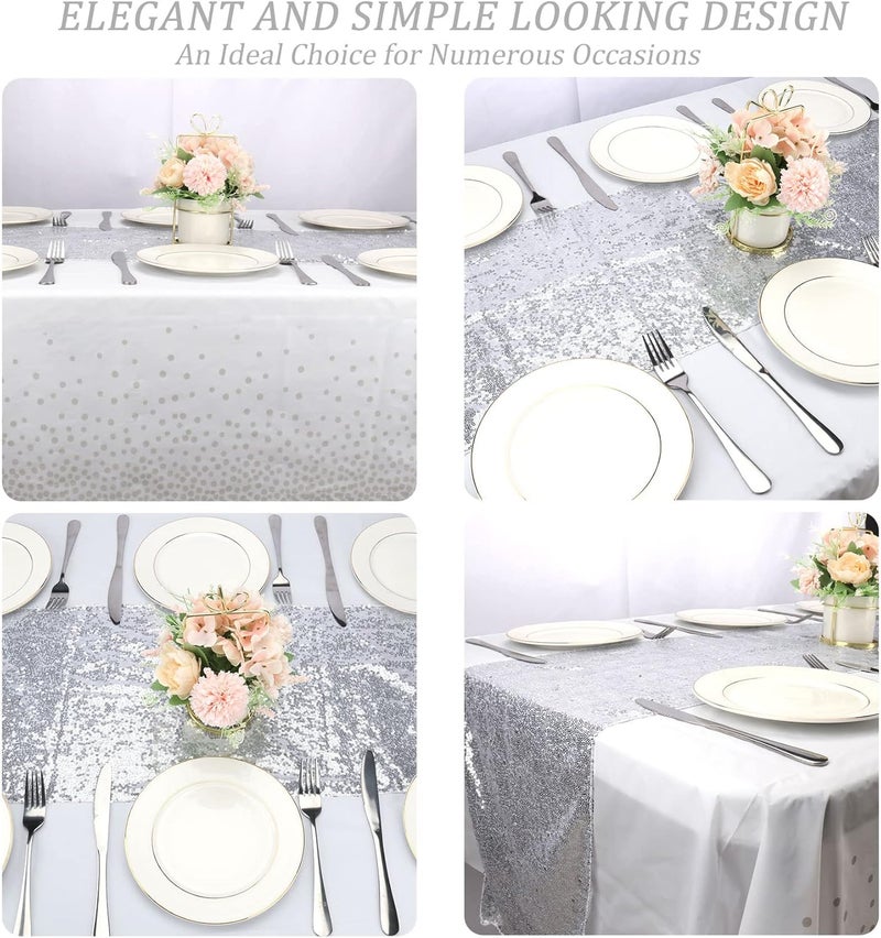 klarako 2 Packs Sequin Table Runner and 2 Packs Tablecloth, 12 x108 Inch Silver Table Runner, 54 x108 Inch Rectangle Disposable Plastic Table Cloths Table Cover for Parties Birthday Wedding Table Decorations - Image 5