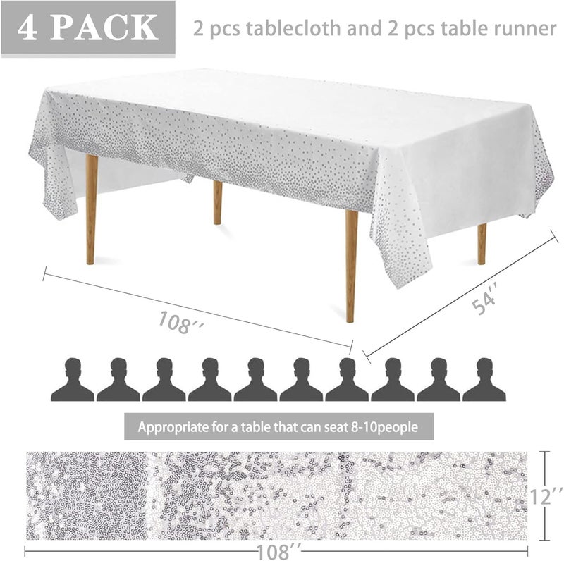 klarako 2 Packs Sequin Table Runner and 2 Packs Tablecloth, 12 x108 Inch Silver Table Runner, 54 x108 Inch Rectangle Disposable Plastic Table Cloths Table Cover for Parties Birthday Wedding Table Decorations - Image 2