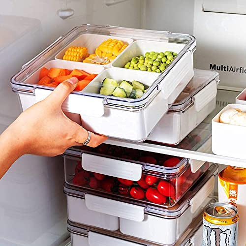 MineSign 2Pack Divided Veggie Tray with Lid Snackle Box Serving Container Salad Keeper with 4 Removable Boxes Stackable Refrigerator Organizer Bins Produce Saver for Meal Prep Fruit - Image 2