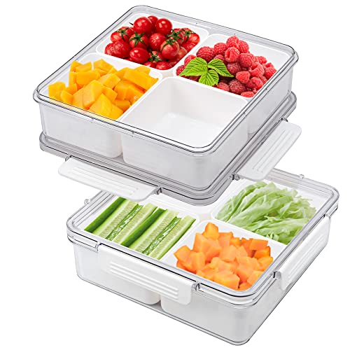 MineSign 2Pack Divided Veggie Tray with Lid Snackle Box Serving Container Salad Keeper with 4 Removable Boxes Stackable Refrigerator Organizer Bins Produce Saver for Meal Prep Fruit - Image 1