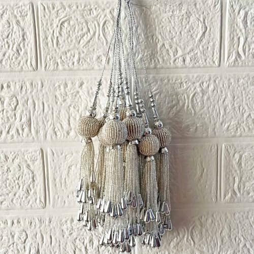 Adikala Craft Store Handmade Ethnic Cutdana Latkan Tassel Set of 2 for Saree Pallu, Blouse, Suits, Dupatta, Lehenga Decor, DIY Art & Crafts (Silver) - Image 5