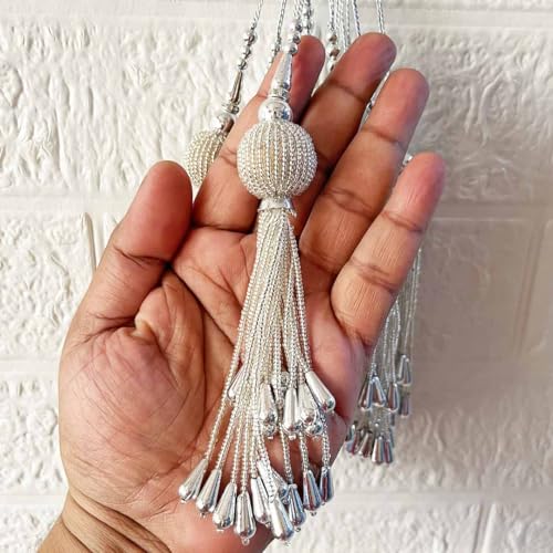 Adikala Craft Store Handmade Ethnic Cutdana Latkan Tassel Set of 2 for Saree Pallu, Blouse, Suits, Dupatta, Lehenga Decor, DIY Art & Crafts (Silver) - Image 3