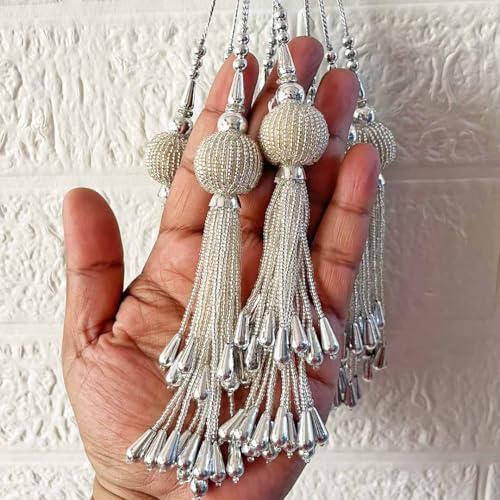 Adikala Craft Store Handmade Ethnic Cutdana Latkan Tassel Set of 2 for Saree Pallu, Blouse, Suits, Dupatta, Lehenga Decor, DIY Art & Crafts (Silver) - Image 1