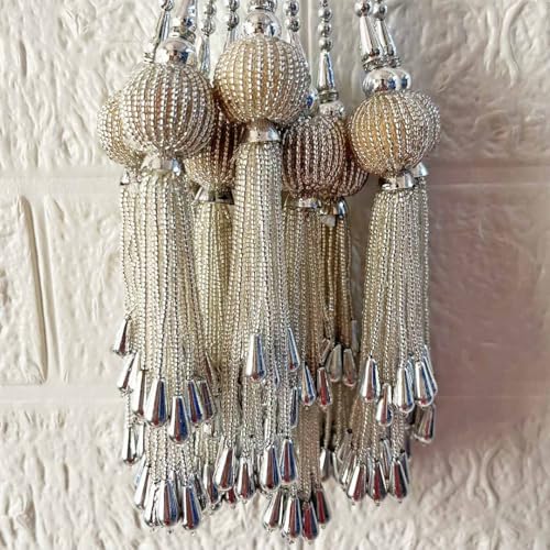Adikala Craft Store Handmade Ethnic Cutdana Latkan Tassel Set of 2 for Saree Pallu, Blouse, Suits, Dupatta, Lehenga Decor, DIY Art & Crafts (Silver) - Image 4