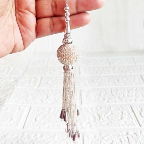 Adikala Craft Store Handmade Ethnic Cutdana Latkan Tassel Set of 2 for Saree Pallu, Blouse, Suits, Dupatta, Lehenga Decor, DIY Art & Crafts (Silver) - Image 2