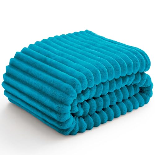 BEDELITE Twin Blanket for Couch Bed 300GSM Soft Warm Fleece Blanket Decorative and Giftable Striped Teal Blankets for Women Men 60x80 - Image 1