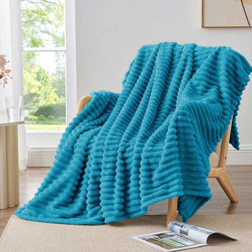 BEDELITE Twin Blanket for Couch Bed 300GSM Soft Warm Fleece Blanket Decorative and Giftable Striped Teal Blankets for Women Men 60x80 - Image 3