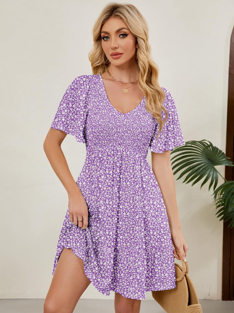 UEAL Womens Summer Dresses Sundresses Trendy Spring Swing Cottagecore Skater Dress Small Purple Floral A - Image 3