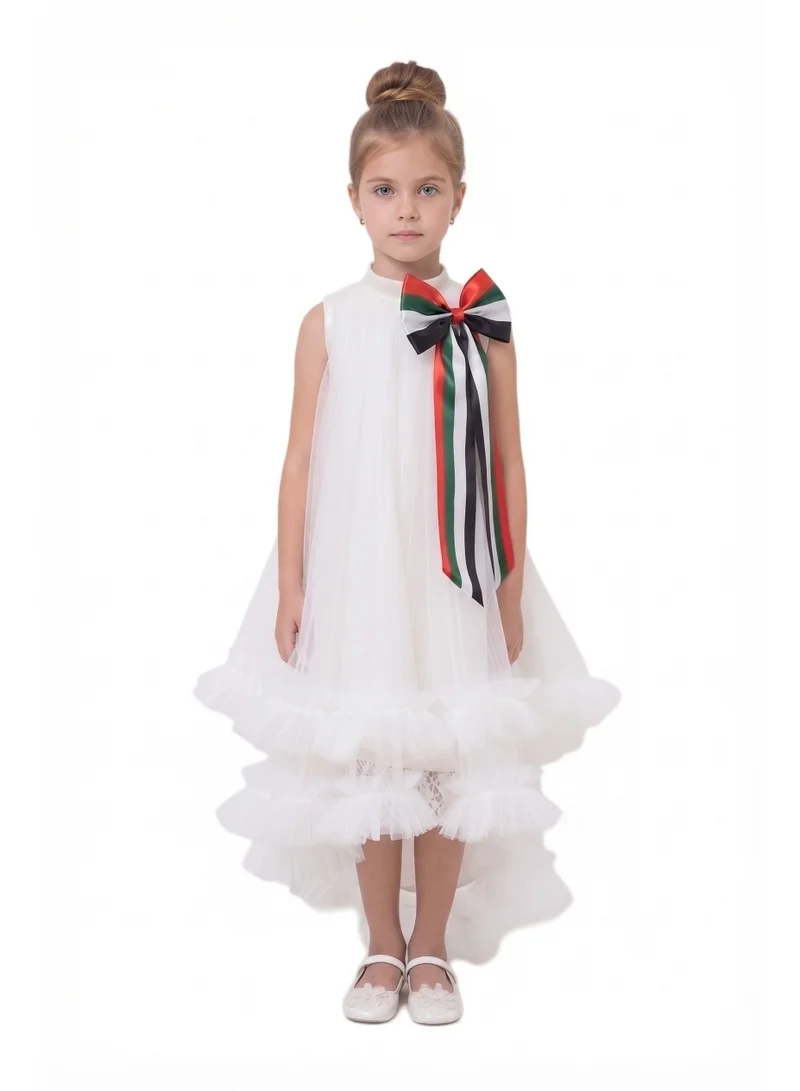 دىدانيالا Convertible White Dress with Removable UAE National Flag Bow – EID & Party Wear