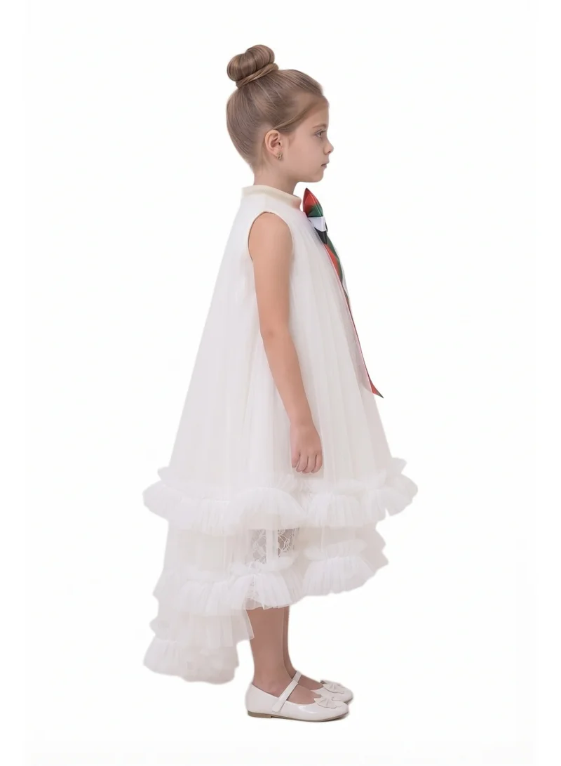 دىدانيالا Convertible White Dress with Removable UAE National Flag Bow – EID & Party Wear