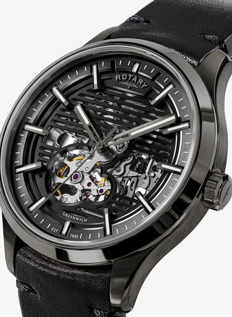 Rotary Rotary Men's Greenwich Skeleton Automatic 100M Water Resistance Gun Stainless Steel Black Leather Strap Watch - RGS10078/04