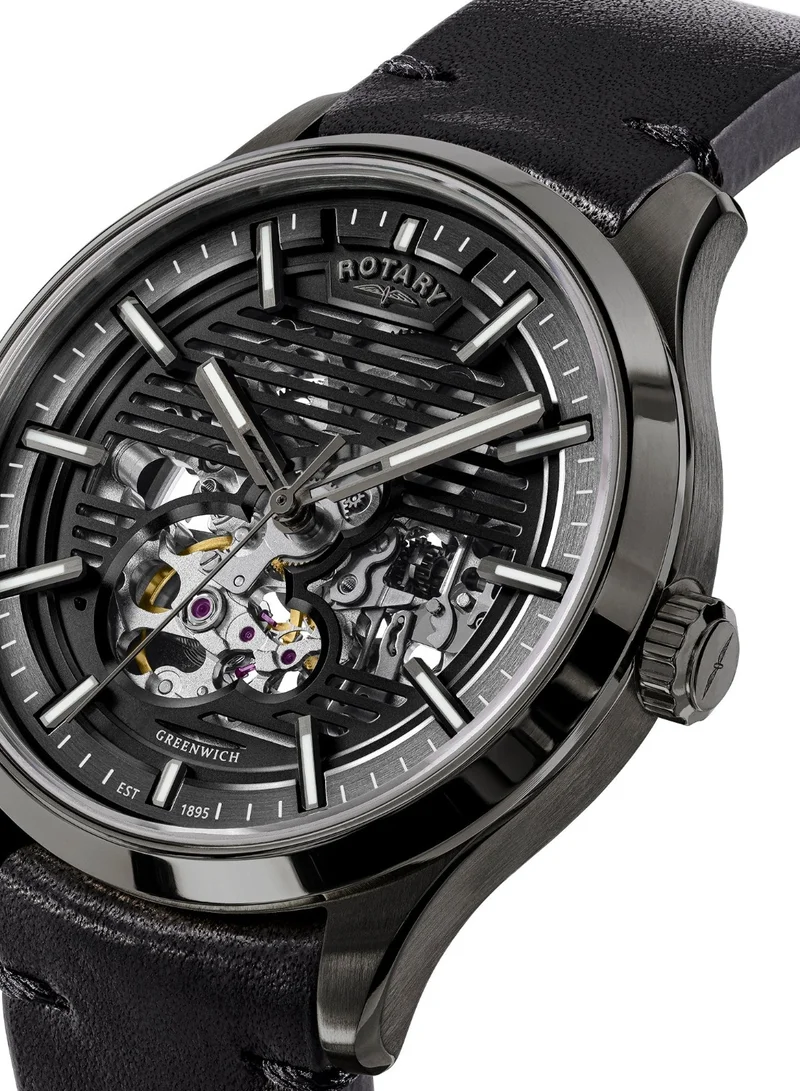 Rotary Men's Greenwich GT1 Skeleton Automatic Watch, 42 mm, Black Dial, Black Leather Strap