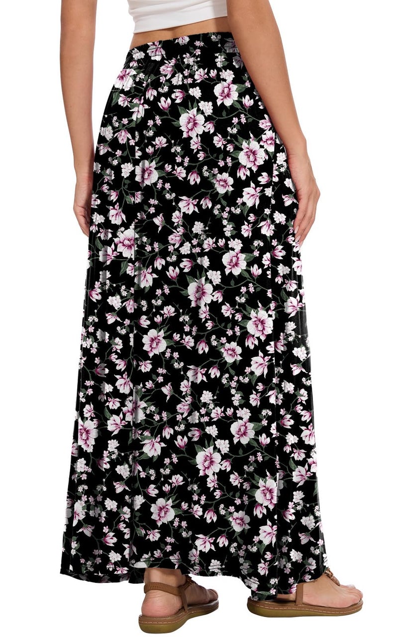 Leafsay Womens Maxi A-line Long Summer Skirt Elastic High Waist Flowy Skirt with Pockets(Black Pink Flower,2XL) - Image 3