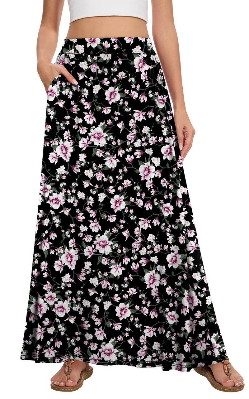 Leafsay Womens Maxi A-line Long Summer Skirt Elastic High Waist Flowy Skirt with Pockets(Black Pink Flower,2XL) - Image 1