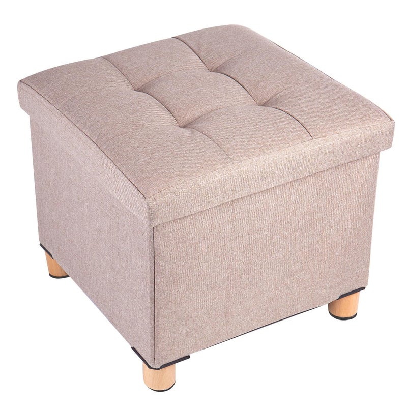 BRIAN  DANY Folding Storage Ottoman with Wood Legs Linen Foot Stool Storage Chest with Highly Elastic Sponge Filling Khaki 38 x 38 x 38 cm