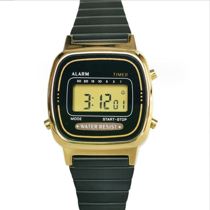 Waterproof LED Digital Watch Steel Band Gold shell black surface black belt
