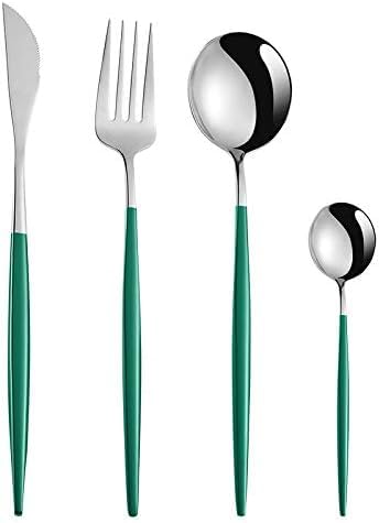 Kolorful 4 Piece Premium Silver Plated 304 Stainless Steel Steak Knife Fork Spoon Teaspoons Mirror Finish Flatware Tableware Dinnerware Cutlery Set Green - Image 1