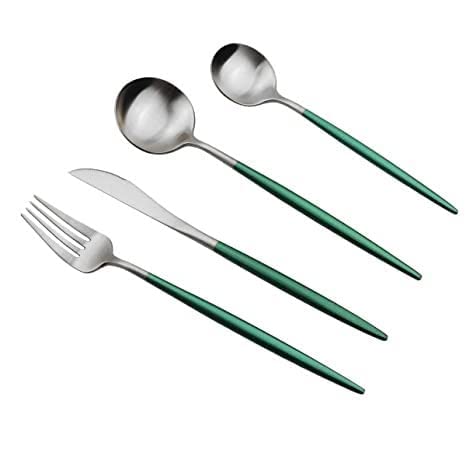 Kolorful 4 Piece Premium Silver Plated 304 Stainless Steel Steak Knife Fork Spoon Teaspoons Mirror Finish Flatware Tableware Dinnerware Cutlery Set Green - Image 2