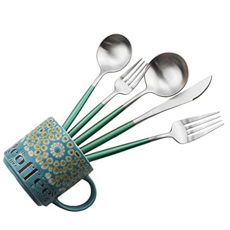 Kolorful 4 Piece Premium Silver Plated 304 Stainless Steel Steak Knife Fork Spoon Teaspoons Mirror Finish Flatware Tableware Dinnerware Cutlery Set Green - Image 4