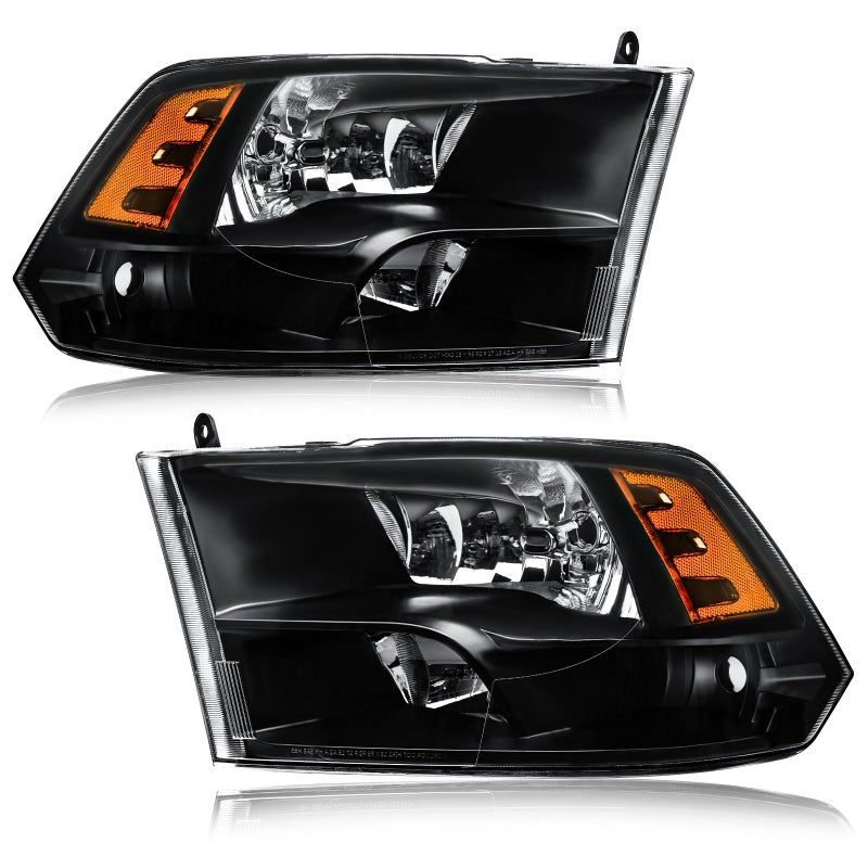 Fullux Headlights fit 09-18 Dodge Ram 1500/10-18 Dodge Ram 2500 3500 4500 5500 (Only Fit Factory Quad Style Halogen Headlamp) Black Housing Amber Reflector - Image 1