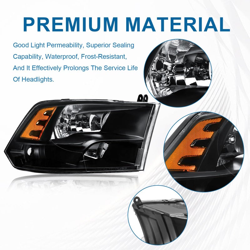 Fullux Headlights fit 09-18 Dodge Ram 1500/10-18 Dodge Ram 2500 3500 4500 5500 (Only Fit Factory Quad Style Halogen Headlamp) Black Housing Amber Reflector - Image 2