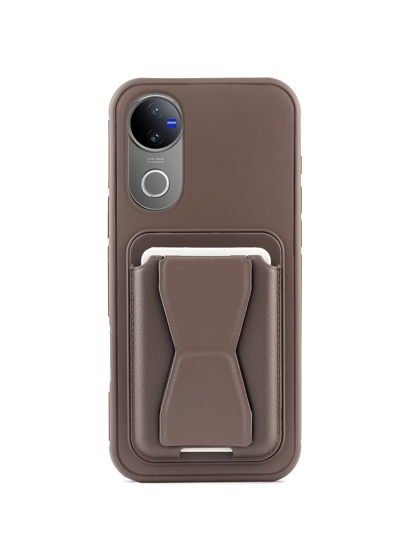 Leather back cover with card wallet Foldable Shockpoof Case compatible with Vivo V50 5G/Vivo V50 Pro 5G (Dark Brown) 
